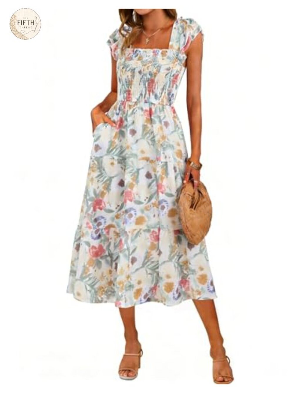 Women Floral Flutter Sleeve Smocked Chiffon Midi Dress Boho Flowy with Pockets